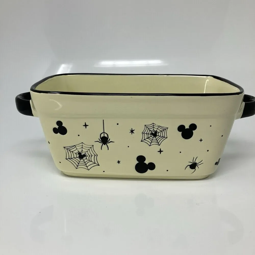Disney Baking Dish Cream Ceramic Mickey Halloween Spider Web Meatloaf/Bread